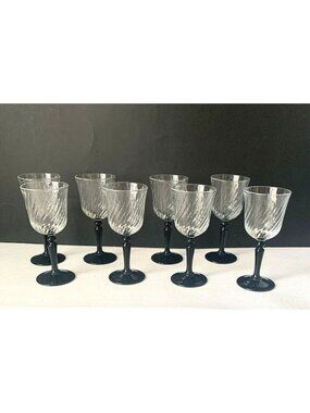 Vintage LUMINARC set of 8 optic swirl Cordial Liqueur glasses France Black Stem